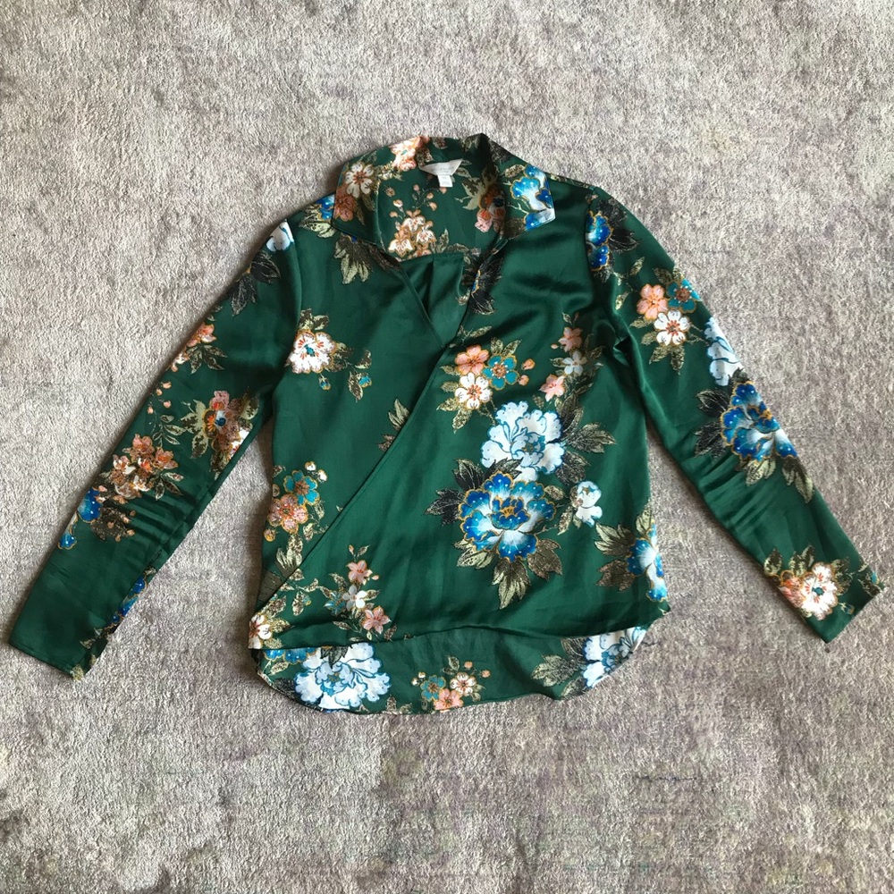 Green silky floral shirt